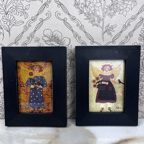 Vintage Folk Art 2 Miniature Painting Signed Annie B Giblin Angel Crow Sunflower - Picture 2 of 13